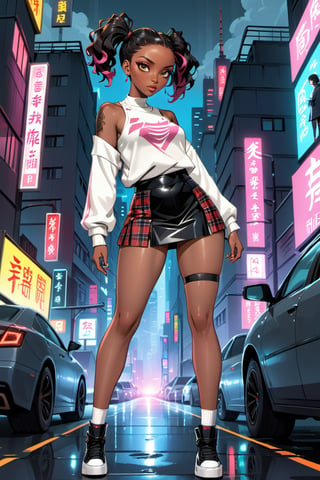vintage comic book illustration of a noire black ebony schoolgirl at a dystopian city, only one girl, (wearing white tennis baggy sweater), (wearing red latex plaid miniskirt), (wearing grey latex shirt), full body, short afro pigtails with pink highlights hair, neon tattooed body, cyberpunk night city in the background, sexy body, Showing small breast under the tank top, underboob, apocalyptic environment, exquisite detail,  30-megapixel, 4k, Flat vector art, Vector illustration, Illustration, ,,,,,, samurai, thick shiny thighs, black ebony, full body shot, gimp mask latex outfit, afro hair