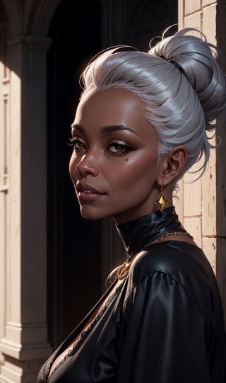 black mature old woman with grey hair, dark skinned, choco skin, artgerm lau style, wlop style, rossdraws style, outdoor hyper detailed , (((rich dark shadows))), Wlop, Artgem , artstation, cgsociety, 8K UHD, HDR