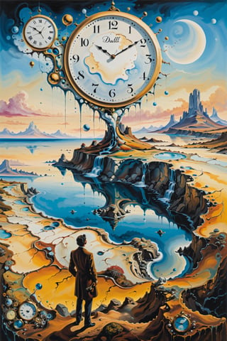 (Masterpiece), (Best Quality), (Ultra-detailed), Artistic painting, (Inspired by Salvador Dali's surrealist art), create a landscape with melting clocks, distorted figures, and a backdrop of swirling colors and shapes. The overall mood should be dreamlike and otherworldly. In the foreground, a man stands gazing out at the strange and wonderful scenery around him. His expression is one of fascination and curiosity, as if he's exploring a new world for the first time,