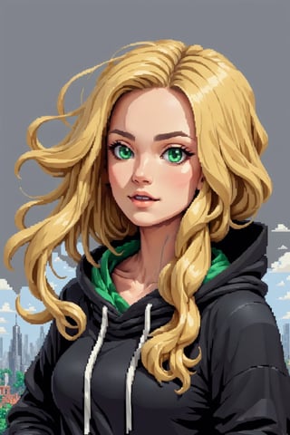 ((In pixel art style)), pixel, 4-bit pixel art, 1Girl, close-up, upper body, Blonde hair, Green Eyes, Sorrisos, Choker, loose hoodie, hoodie print, black hoodie, big head ahoge, Head large, Wavy hair, Very long hair, Pixel Official Art, absurd res, looking up at viewer, solo focus, Dynamic Angle, head tilt, Simple background, grey background, Highly detailed pixel art,portraitart,Pixel art