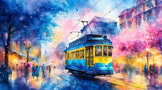 blue sidewalks, blue flowers, bright yellow trams, pink dreams, it’s like it’s drawn with chalk on the wall, this city is the best city on Earth, watercolor style, watercolor, intricate detail, retro style, bright colors, light background, hand-drawn, 4K resolution, centered