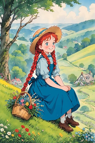 (masterpiece, best quality),from side, 1girl, solo, After searching for hours, They find a Anne (Green Gables)), Red-haired girl, With a wide-brim straw hat, two long red braids, Curious big eyes, Innocent, Joyful look, big smile, wear a floral pioneer dress with an apron,sitting on a branch sticking out of a hill,Anime,Enhanced All,ghibli,illustrator,sticker design