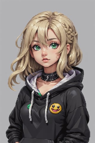 ((In pixel art style)), pixel, 4-bit pixel art, 1Girl, close-up, upper body, Blonde hair, Green Eyes, Sorrisos, Choker, loose hoodie, hoodie print, black hoodie, big head ahoge, Head large, Wavy hair, Very long hair, Pixel Official Art, absurd res, looking up at viewer, solo focus, Dynamic Angle, head tilt, Simple background, grey background, Highly detailed pixel art,portraitart,Pixel art