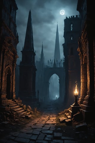  ((masterpiece)), ((best quality)), high detailed, ultra-detailed, indie game style "a ravaged cityscape of charred archways and twisted spires looms before a lone figure, an old mystic with sunken eyes and tattered black robes, as she stalks along a cracked path shrouded in sulfurous haze. the air is heavy with the scent of damp earth and decay, and the flickering torches that line the path cast eerie shadows on the ground. in the distance, the celestial obelisk rises like a monolith from the shadowlands, its burnished bronze surface etched with cryptic glyphs that seem to absorb the faint moonlight. the obelisk's rough hewn stones whisper secrets of forgotten knowledge to those who dare approach, as if the very essence of the unknown has converged within this forsaken city, beckoning seekers of truth and mystery to unravel its enigmatic heart." . creative, innovative, personal storytelling, unique art styles