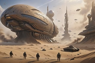 (Best quality), (masterpiece), (ultra detailed), (high detailed), (extremely detailed), Dune concept art, Clean and neat tones, Sci-fi base scene, Huge scene, Square-shaped complex, Soviet aesthetic architecture, huge buildings, There are many ships in the air, Size contrast, crowd of soldiers versus soldiers, Big scenes of war, smog, epic concept art, Fine 8K, vray, Wasteland Science Fiction,LegendDarkFantasy