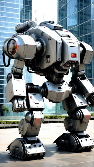 a robot with a gun in its hand, mech robot futuristic, mech shaped like a manatee, mech body, mech robot, full body mech, futuristic robot, concept robot, sci-fi mech, tank with legs, white mech bot, war robot, mech, military robot, battlemech, battle mech, tremendous mecha robot, humanoid mech, ed209, ED-209, ed 209, (dark silver dull metal alloy:1.4), (standing in front of tall glass building:1.3) with (reflection in windows:1.1), DieselPunkAI