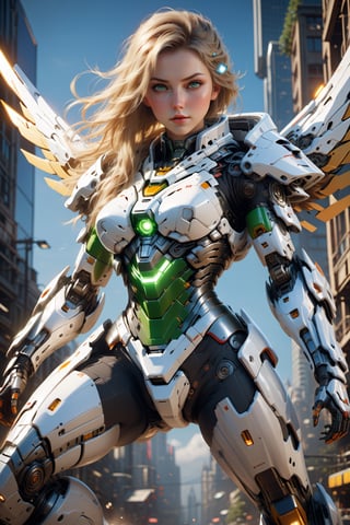 flying girl, (Flying:1.3),(thick body:1.3), (with long blond hair:1.3), Green Eyes, HDR (High Dynamic Range), Ray tracing, NVIDIA RTX, The ultra-Highres, Unreal 5, Subsurface scattering, PBR Texturing, Post-Processing, Anisotropic Filtering, depth of fields, ((full body shot:1.4)), Maximum Sharpness and Sharpness, multi-layered texture, Albedo and Specular maps, Surface Shading, Precise simulation of light-material interactions, octan render, Two-tone illumination, low ISO, white balance, rule of thirds, Wide Aperture, 8K Raw, efficient sub-pixel, sub-pixel convolution, (luminescent particles:1.4), {{Masterpiece, Best Quality, super detailed CG, Unity 8k wallpaper, 3d, Cinematic lighting, lens flares}},cyborg style,mecha