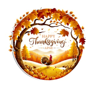 ("THANKSGIVING" text logo: 1.3),Maple tree in autumn landscape, golden mountain, fallen leaves, t-shirt design, vector art, circular silhouette, white background, a turkey holding a text: ("thanksgiving").,Leonardo Style