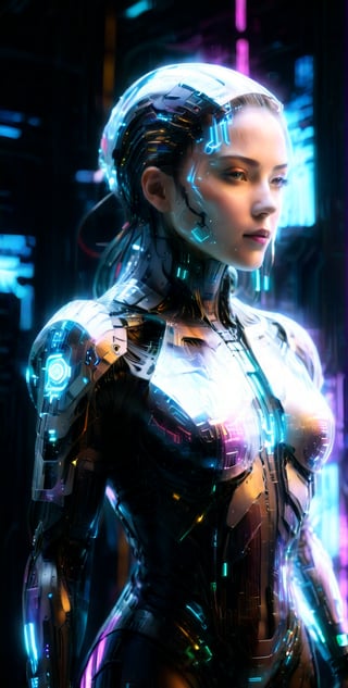 high quality, Ultra HD, A cyberpunk icon dons a tech-woven ensemble, embodying the essence of digital futurism, her every move a glitched symphony in the world of fashion.,Energy light particle mecha,Strong Backlit Particles