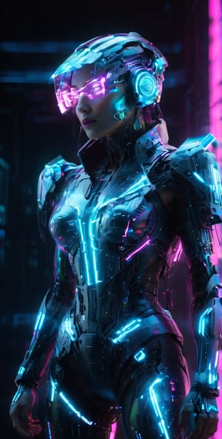 high quality, Ultra HD, A cyberpunk icon dons a tech-woven ensemble, embodying the essence of digital futurism, her every move a glitched symphony in the world of fashion.,Energy light particle mecha,Strong Backlit Particles