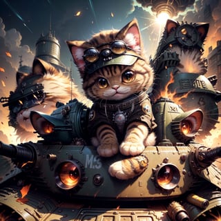 anime, masterpiece, best quality, absurdres, highres, ultra detailed, ((cat on a tank:1.3)), cat riding on a tank, cute, round eyes, cat wears sunglasses and a military cap, city, (explosion:1.2),cat
