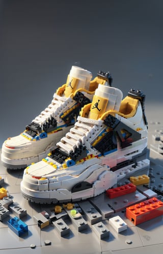 Make an pair of jordan 4 made by Lego and in the background to be the lego set of jordan 4, highly detailed, super high resolution, 8K UHD,lego