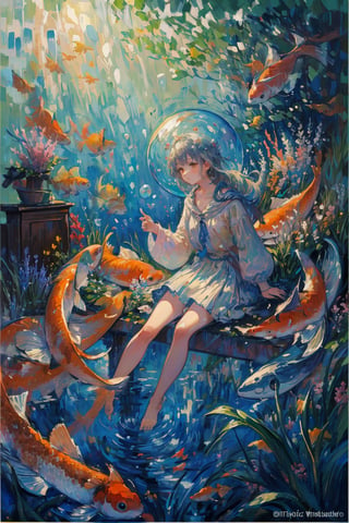 [(Transparent background:1.5)::5],(((masterpiece))),(((best quality))),(((extremely detailed))),illustration, 1girl,solo,mysterious,vivid color,shiny, underwater transparent sealed hemispherical glass dome, silver hair,orange eyes, full body, bare_feet, long hair, tranquil nature,koi, Underwater, Dome,close up, Dynamic actions, Lens perspective,(((Box composition))),sit cross-legged and lean against the bookshelf,(arm + hand + 1thumb + 4finger),(Impressionism:1.4),More Detail,impressionist