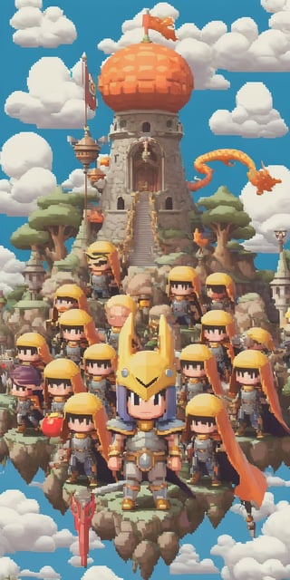 pixel games 《Dragon Quest》, GAMECHARACTER DESIGN, (Warriors:1.4), surrounded by clouds, 16-bit pixel art,pixel