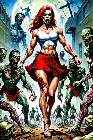 masterpiece, best quality, [detailed], [intricate], digital painting, a toned athlete muscular woman in a red skirt is surrounded by zombies, Barry Windsor Soares, Marcos Silvestri, Inspired by Clyde Caldwell(Clyde Caldwell), Clyde Caldwell, Frank Przetta, Richard Coben Style, Marcos Schulz, Mike Flug, John Bushma, Jeffrey Jones, Frank Frazzetta Cartoon Style, ( Fitzpatrick Art), Richard Coben and Frank Miller art style,