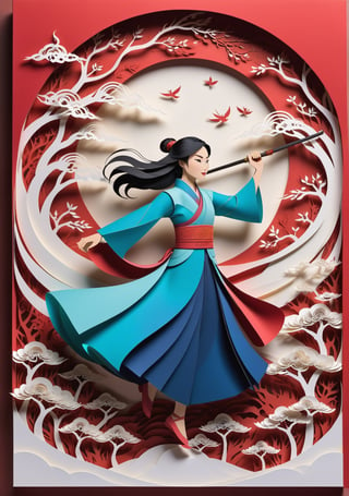 A mesmerizing paper-cut animation of the iconic tale of Mulan comes to life on the screen. Every delicate detail meticulously crafted out of paper unfolds before your eyes, showcasing the determined spirit of Mulan. The intricate paper scenes blend vibrant colors with the ancient art of papercutting, capturing Mulan's courage and determination as she goes against societal expectations to protect her family and honor. This enchanting animation captivates viewers with its exquisite precision and awe-inspiring artistry, immersing them in the compelling story of Mulan's heroic journey. (((Paper cutting art style))), high detail, high quality, high resolution, dramatically captivating, detailmaster2,Movie Still