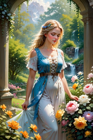 masterpiece, best quality, [detailed], [intricate], digital painting, Amidst the blooming colors and enchanting scents, an 21-year-old girl wandered through the beautiful botanical garden. Her radiant beauty matched the splendor of the flowers that surrounded her.
With her twinkling blue eyes and golden hair cascading like sunlit waterfalls, girl appeared as if she were a part of the garden's enchanting tapestry. Her laughter echoed through the pathways, as she embraced the magic of nature that enveloped her.
The botanical garden was her sanctuary—a place of solace and wonder. As she strolled through the meandering trails, she marveled at the diversity of flora, each bloom telling its own unique story.
Her love for plants was ingrained in her soul. From an early age, she found joy in nurturing her own garden at home, tending to each plant as if it were a cherished friend. Now, surrounded by the breathtaking beauty of the botanical garden, her passion blossomed even further.
She was drawn to the intricacies of every petal, every leaf, and every stem. The vibrant hues of the flowers ignited a symphony of emotions within her. With each step, she absorbed the serenity and harmony of the garden, leaving behind the worries of the outside world.
But her enchantment with the botanical garden extended beyond admiration. Armed with a small notebook and a pencil, she became an artist of nature. Sitting beside a bed of roses, she carefully sketched their delicate forms, capturing the essence of their elegance on paper.
The garden became her muse, and she spent countless hours immersed in its beauty. She painted vibrant watercolors, capturing the garden's ever-changing colors in her art. Her creations breathed life into the flowers, allowing others to experience the enchantment she found in the garden.
As she explored the winding paths, she discovered more than just flora. Birds sang melodious tunes from the treetops, and butterflies fluttered gracefully, adding to the garden's allure.