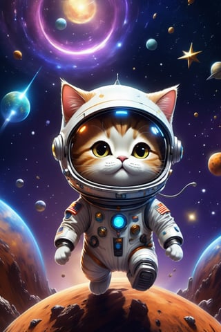 Cartoon cat flying over the stars in a spacesuit, Space cat, Cat in space, astronaut cat, kittens in outer space, anime cat, Cute detailed digital art, adorable digital art, anime visual of a cute cat, lovely digital painting, cat summoning a spaceship, Kawaii cat, cat summoning a spaceship, cat from the void, Amazing wallpapers, In space（wearing spacesuit,Transparent helmet,robotic hand） Edge lights, [smog], [hazed out], natural  lightting, shallow depth of field, Shot on a Canon EOS-1D X Mark III, 50mm lens, f / 2.8, (intricately details, ultra - detailed),((RAW color)), Clear focus, hdr, 4K resolution, cinematic movie,ghibli,disney cartoon