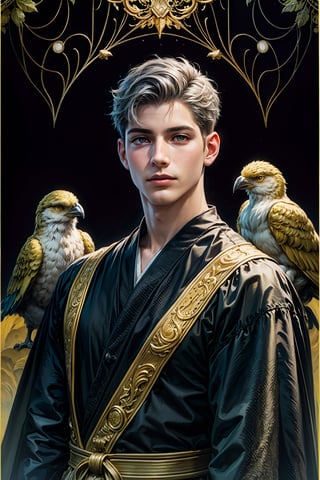 realistic, (masterpiece, top quality, best quality, official art, beautiful and aesthetic:1.2), extremely detailed,fractal art,colorful,highest detailed,zentangle,(abstract background:1.3) (1boy:1.3), (golden birds), silver hair, bright eyes,hair slicked back, short hair, black robe,