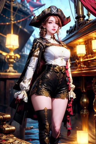 Original, steampunk, ((gear giant ship background, precision gear deck)), full body portrait, very detailed wallpaper, very detailed illustrations, (1 girl), perfect female body, beautiful eyes, (delicate face), (seductive expression), eyes, shock, ((pirate hat, pirate suit,)), (pirate, classical complex luxury pirate ship)), (red lips) (delicate and intricate black gloves), (fair skin), (best lighting), (super complex details), 4K unity, (( Super detailed CG), revealing fair legs, stockings, hot pants, shorts,