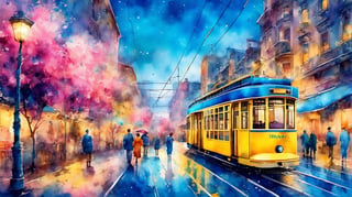 blue sidewalks, blue flowers, bright yellow trams, pink dreams, it’s like it’s drawn with chalk on the wall, this city is the best city on Earth, watercolor style, watercolor, intricate detail, retro style, bright colors, light background, hand-drawn, 4K resolution, centered