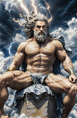 Create a photorealistic image featuring the Greek gods Zeus, the majestic figure of Zeus, ruler of the heavens, as he sits upon his throne of clouds, his lightning bolt in hand, ready to strike down any who dare challenge his divine authority.  Zeus should be portrayed with his distinctive attributes and symbols, such as Zeus with his {thunderbolt}. The background can be a {divine realm}, {Mount Olympus}, or a {mythical landscape} that reflects the realm of the gods. The camera angle can be a {medium shot}, capturing Zeus from a perspective that showcases his presence and individuality. The desired resolution for the image is {high definition}, with {crisp details} and {realistic textures} to bring out the divine qualities of the greek King of Gods, Zeus.