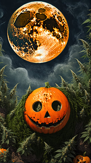 orange garden, marijuana, 8k, big detailed moon, halloween, album cover,detailmaster2,HellAI,samdoesart