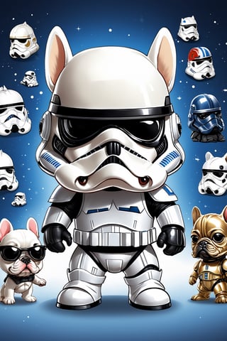 chibi, perfect-composition, Perfect pictorial composition, Creative poster, Cute, Cute Star Wars White Stormtrooper, wearing Mask and helmet, cartoon, french bulldog, (Detailed French Bulldog Appearance）,disney cartoon