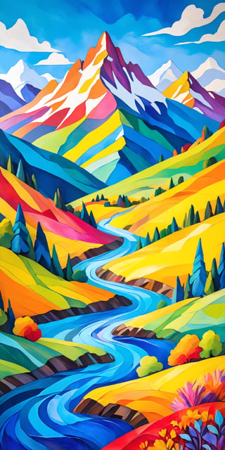 (((Masterpiece))), (((Best Quality))), ((Ultra-detailed)), (Best Illustration), paper mache representation of painting of a colorful landscape with a mountain in the background, a fine art painting inspired by william didier pouget, featured on shutterstock, neo fauvism, colorful landscape painting, vibrant gouache painting scenery, vivid landscape. 3d, sculptural, textured, handmade, vibrant, fun