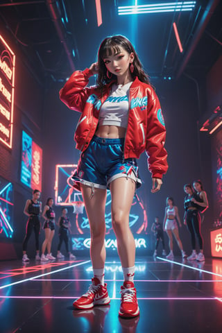 (Best quality, ultra detailed, masterpiece),  8k, super detailed, ((beautiful detailed)))1girl, hip pop clothes, Red basketball shoes, low angle shot, low angle, ground-level shot, full body, full body shot, lunge, nightclub, laser beam(Dynamic feeling:1.4),(concept art style:1.4), neon, neon sign, glowing,32k, octane render,neon style,simple background