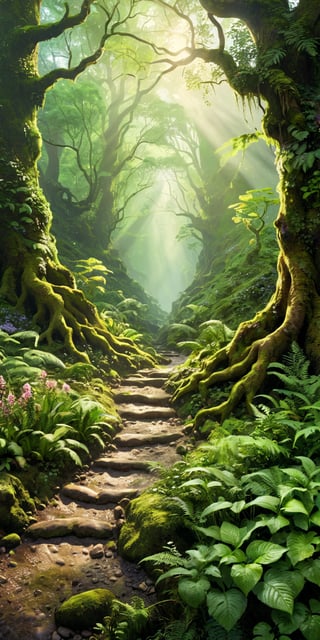 (Extremely detailed CG unity 8k wallpaper),(((Masterpiece))), (((Best Quality))), ((Ultra-detailed)), (Best Illustration),(best shadows), ((an extremely delicate and beautiful)),Masterpiece, best quality, 8K, high res, ultra-detailed,  amongst lush greenery, adorned by vibrant flowers, no humans, beautiful view, ultra-detailed, fine detailed, highly detailed, intricate, highly detailed, ultra-detailed, scenery, no humans, misty atmosphere, solitary, intricate details, delicate features, verdant trees, soft moss, deep forest, intricate leaves and vines, wisps of light, verdant green, ,wild nature oil painting,