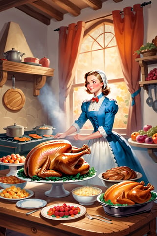 (masterpiece)), (((best quality))), ((ultra-detailed)), a woman standing in front of a table with a cooked turkey on it, a storybook illustration by Mary Davis, 
Lady Davis, pixabay contest winner, synthetism, storybook illustration, flat shading, flickering light,Story book 