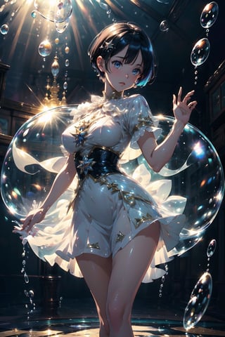 ((best quality, masterpiece, ultra detailed)),((extremely delicate and beautiful)), realistic, HD, ((short hair, shiny hair)), (lips), (shiny skin, shiny dress, focus on character) , solo, dynamic angle, full body, dynamic pose, (surprise), strong light input, sharp focus, blurred background, magic, illustration, anime, transparent, skin-tight, looking at the viewer, wet, inside a whirlwind, (((many bubble balls))), rem_re_zero, OuterWorldAI, starrystarscloudcolorful,glitter,More Detail,better_hands