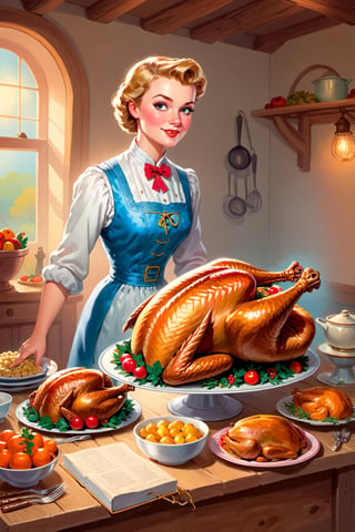 (masterpiece)), (((best quality))), ((ultra-detailed)), a woman standing in front of a table with a cooked turkey on it, a storybook illustration by Mary Davis, 
Lady Davis, pixabay contest winner, synthetism, storybook illustration, flat shading, flickering light,Story book ,Retro art