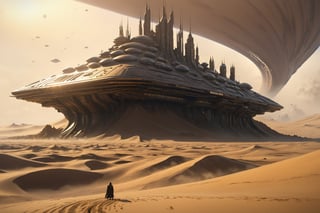 (Best quality), (masterpiece), (ultra detailed), (high detailed), (extremely detailed), Dune concept art, Clean and neat tones, Sci-fi base scene, Huge scene, Square-shaped complex, Soviet aesthetic architecture, huge buildings, There are many ships in the air, Size contrast, Timothée Chalamet in the movie Dune, standing with many Dune style soldiers, Big scenes of war, smog, epic concept art, Fine 8K, vray, Wasteland Science Fiction,LegendDarkFantasy