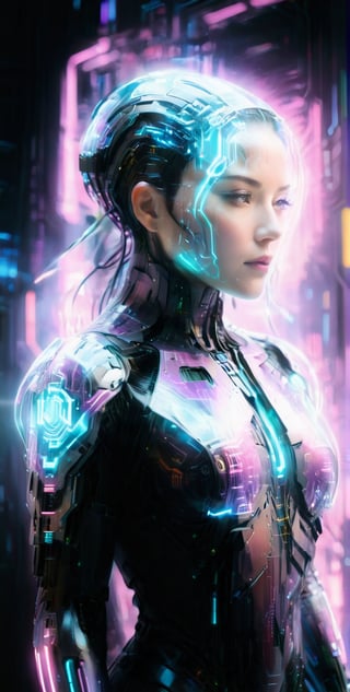 high quality, Ultra HD, A cyberpunk icon dons a tech-woven ensemble, embodying the essence of digital futurism, her every move a glitched symphony in the world of fashion.,Energy light particle mecha,Strong Backlit Particles