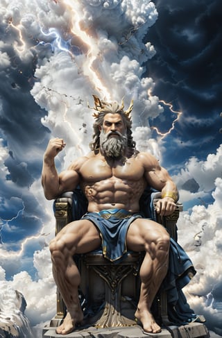 Create a photorealistic image featuring the Greek gods Zeus, the majestic figure of Zeus, ruler of the heavens, as he sits upon his throne of clouds, his lightning bolt in hand, ready to strike down any who dare challenge his divine authority.  Zeus should be portrayed with his distinctive attributes and symbols, such as Zeus with his {thunderbolt}. The background can be a {divine realm}, {Mount Olympus}, or a {mythical landscape} that reflects the realm of the gods. The camera angle can be a {medium shot}, capturing Zeus from a perspective that showcases his presence and individuality. The desired resolution for the image is {high definition}, with {crisp details} and {realistic textures} to bring out the divine qualities of the greek King of Gods, Zeus.