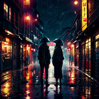 Couple standing under the roof of a closed café, raining, Rain falls on the streets, Empty streets, night time,beautiful  lighting, 4k,high image quality,Japanese scene