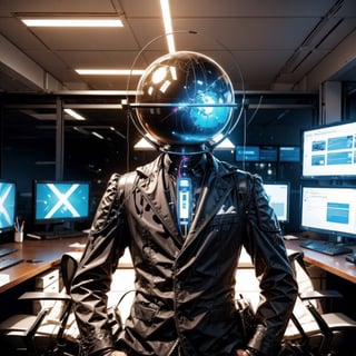 feature glowing sphere head, transparent head, sole_male, suited man, cybertech suit, office, multiple computers, wires, glowing displays, ,xx as head