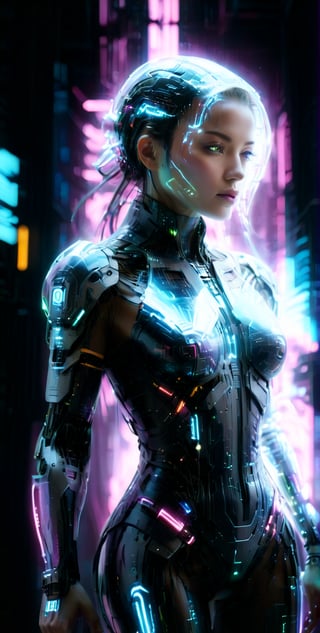 high quality, Ultra HD, A cyberpunk icon dons a tech-woven ensemble, embodying the essence of digital futurism, her every move a glitched symphony in the world of fashion.,Energy light particle mecha,Strong Backlit Particles