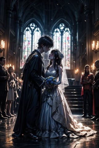 in the ruins of a gothic style church, the sacrament of marriage is being carried out between the bride and groom led by a priest, 2boys, 1girl (1girl bride, zombie, grayish-blue skin, long black hair, bare shoulders, torn wedding dress, torn bridal veil, torn elbow gloves.) (1boy groom, zombie, grayish-blue skin, torn black suit.) (1boy priest, jack-o-lantern head, skull, priest robe, priest outfits, raise hands.) Altar, skull, candel, green fire, black rose, ((ultra-detailed)), ((high resolution)), ((extremely detailed)), ((8k)), ((Detailed Scenery)), nightmare_night,more detail,midjourney,better_hands,hands