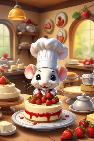 chibi, perfect-composition, Perfect pictorial composition, Creative poster, Cute, (mouse dressed as a chief), (mouse as chef), (Decorating a Really Delicious Cheesecake), (Cream cheese cake with strawberries), (messy table), (There are pieces of cheese scattered around.), (Best Quality:1.2), (Ultra-detailed), (Photorealistic:1.37), (HDR), (Vivid colors), (portrait of a), (Warm and bright color tones), (Soft diffuse lighting),food ,niji style,disney cartoon