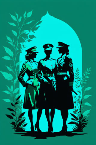 character silhouette, 3 women at a botanical garden, body in shadow, in military uniform, dark night, turquoise green background, Flat vector art,pencil sketch