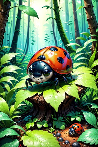 (Best quality, ultra detailed, masterpiece), Curious ladybug in the forest, 3d illustration