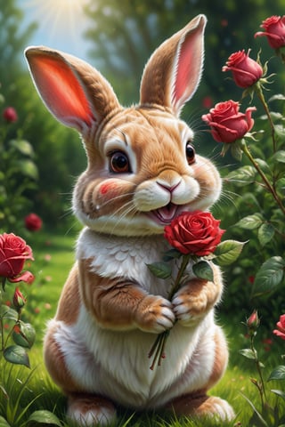 "Produce a super realistic painting in the classic painting style featuring close-up of an cute smiling bunny on green grass and holding a red rose with her hands for valentine day, warm and pleasant soft lighting, amazing sun, amazing depth of field, high detail, perfect accuracy, perfect composition. Ensure the image radiates high-quality details, capturing the essence of a whimsical and cute fluffy cute bunny holding a rose in a rose garden."