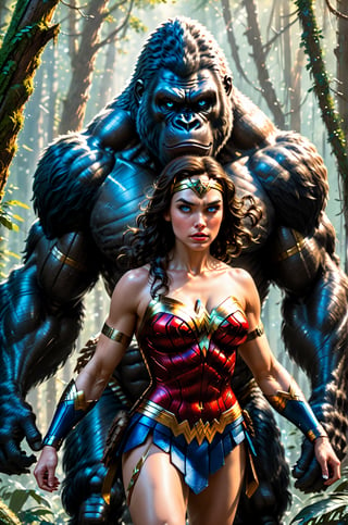 masterpiece, best quality, [detailed], [intricate], digital painting, a toned athlete muscular Wonder Woman with blue eyes in costume, picture with a big and scary gorilla, woman is serious, afraid, forest,RAW photography, best quality, masterpiece, extremely delicate and beautiful, extremely detailed, CG, unit, 8k wallpaper, amazing detailed, finely detailed, masterpiece, best quality, official art, extremely detailed CG unit 8k wallpaper, ultra-detailed, high resolution,  extremely detailed, sharp, focused, (best quality), (realistic, photorealistic: 1.6), 8k, soft lighting, high quality, cinematic lighting, 1 girl, centered, full body (african model),sparkling eyes, taming a gorilla, [WH40K], [highres], [absurdres], [sharp focus], bokeh, realistic shadows, lithograph by John William Waterhouse and Kyoto animation and Yoshitaka Amano and Frank Frazetta,painting by jakub rozalski