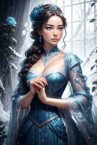 It's realistic (((illusion))) Set against the backdrop of an icy castle, enchanted in winter, and a frozen rose garden, the artwork should consist of various shades of cool blue. There is a lot of snow. Generate proud woman, (((super delicate face))), Dressed in the pleats of a dazzling French silk ball gown. The graceful face of a woman ((((highly detaild, Realistic and smooth features, Puffy lips.)))) Ball gowns are decorated with ruffles, track, And Archiwa, But in essence, Hand-embroidered torso. The corset has a silk ribbon,  She is wearing a Victorian royal winter robe, The wonderful eyes of a woman are beautifully depicted, With realistic shades and a wide range of colors, And with high resolution. The woman is in the garden of the eternal rose, Each of them is beautifully formed and very detailed. These realistic roses feature shimmering sky blue shades, dark blue, silver, and shimmering blue-violet. The eternal rose is a deep shade of periwinkle with shimmering iridescent hues and bass. Check the woman's face, heads, And the eyes are perfect. 真实感, high fantasy, Whimsical fantasy, Storybook fantasy, Fairytale fantasy, Fantasy Details, Enchantress, Enchantress, 8K, hire, CGI, digital painting, unit, unreal-engine, (((Master Part))), intrikate, graceful, highly detaild, majestueux, digital photography, Arte de Artgerm e Ruan Jia e Greg Rutkowski, (Master Part, beautiful-detailed eyes: 1.2), HDR, Realistic Skin Textures, (((1woman))), (((solo))), Includes highly detailed faces, super delicate face, And an interesting background.nijistyle