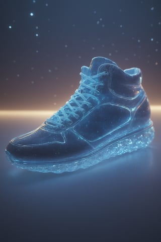 extremely delicate iridiscent sneakers made of glass, Product photography of transparent sneaker shoes, Epic rendering, octanerender, atmospurate, Particle, Soft volumetric light, (The light from the back window is backlighted:1.3), (cinematic light:1.3), Complicated details, (ArtStation:1.3), Blue drifting particles, glass technology, scifi, transparent, light diffraction, beautifully and intricately detailed, ethereal glow, best quality, glass art, magical glow,DonMPl4sm4T3chXL 