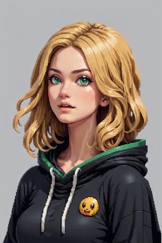 ((In pixel art style)), pixel, 4-bit pixel art, 1Girl, close-up, upper body, Blonde hair, Green Eyes, Sorrisos, Choker, loose hoodie, hoodie print, black hoodie, big head ahoge, Head large, Wavy hair, Very long hair, Pixel Official Art, absurd res, looking up at viewer, solo focus, Dynamic Angle, head tilt, Simple background, grey background, Highly detailed pixel art,portraitart,Pixel art