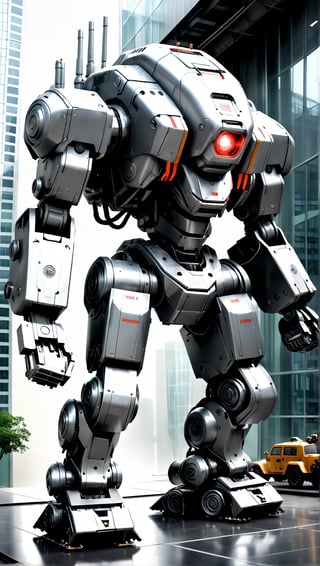 a robot with a gun in its hand, mech robot futuristic, mech shaped like a manatee, mech body, mech robot, full body mech, futuristic robot, concept robot, sci-fi mech, tank with legs, white mech bot, war robot, mech, military robot, battlemech, battle mech, tremendous mecha robot, humanoid mech, ed209, ED-209, ed 209, (dark silver dull metal alloy:1.4), (standing in front of tall glass building:1.3) with (reflection in windows:1.1), DieselPunkAI